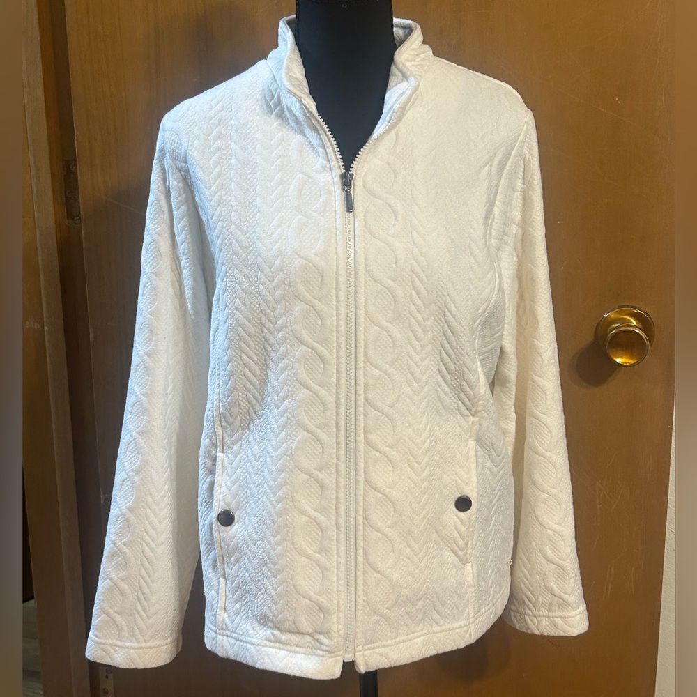 Links‎ White Textured Zip Front Jacket Size Medium Quilted Stretch Lightweight